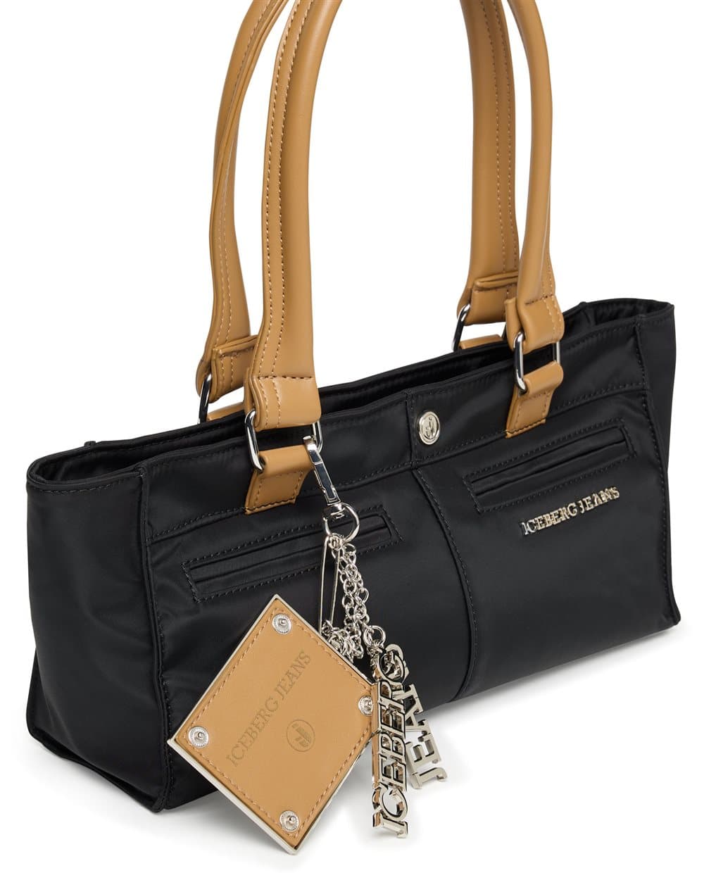 Black nylon shoulder bag with tan-colored trim