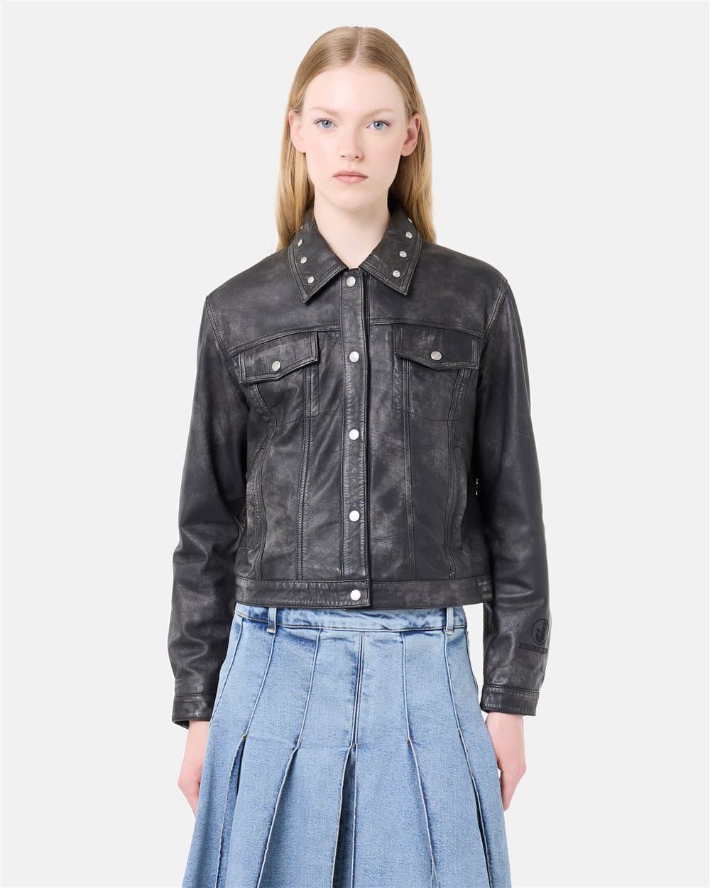 Pocket black denim effect lambskin short jacket 4
