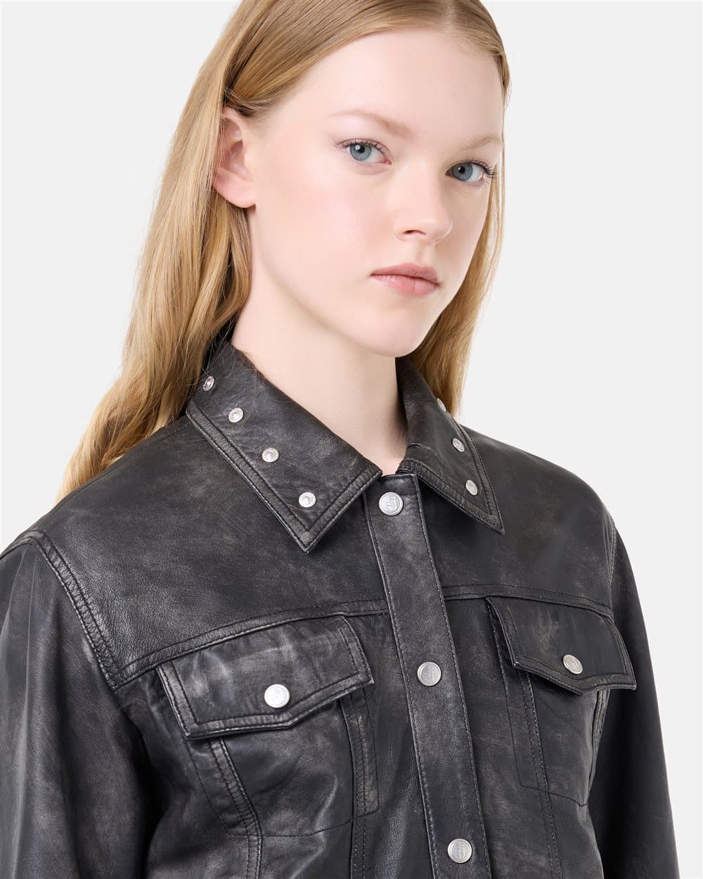 Pocket black denim effect lambskin short jacket