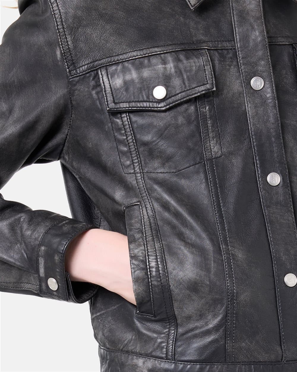Pocket black denim effect lambskin short jacket 2