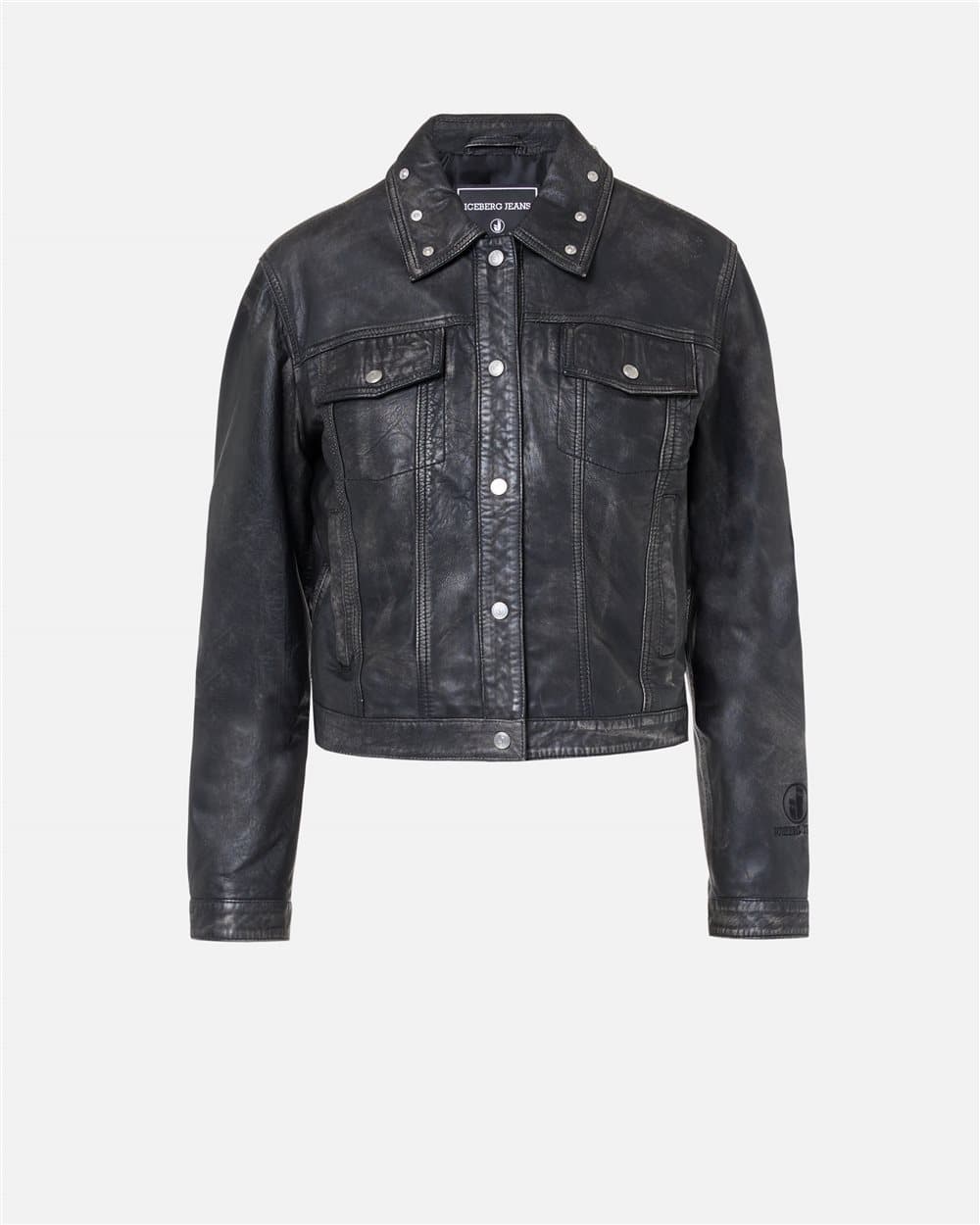 Pocket black denim effect lambskin short jacket 3