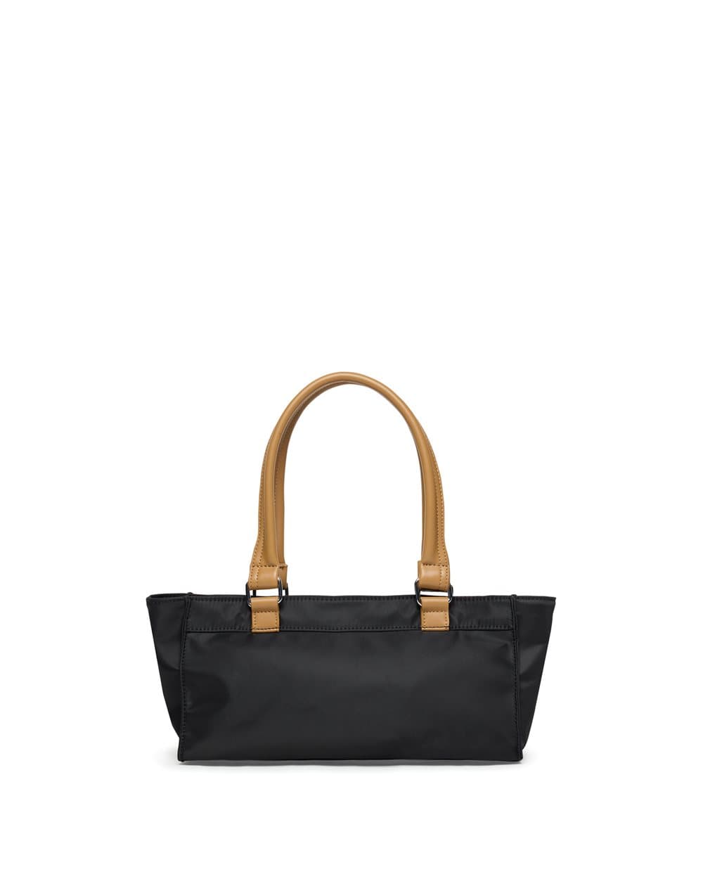 Black nylon shoulder bag with tan-colored trim 2