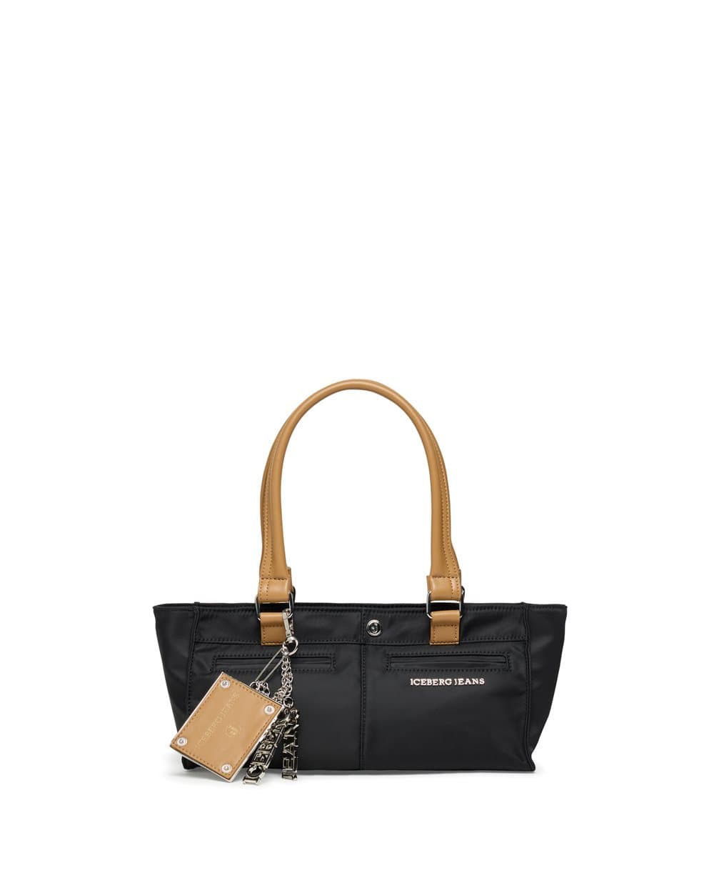 Black nylon shoulder bag with tan-colored trim 3
